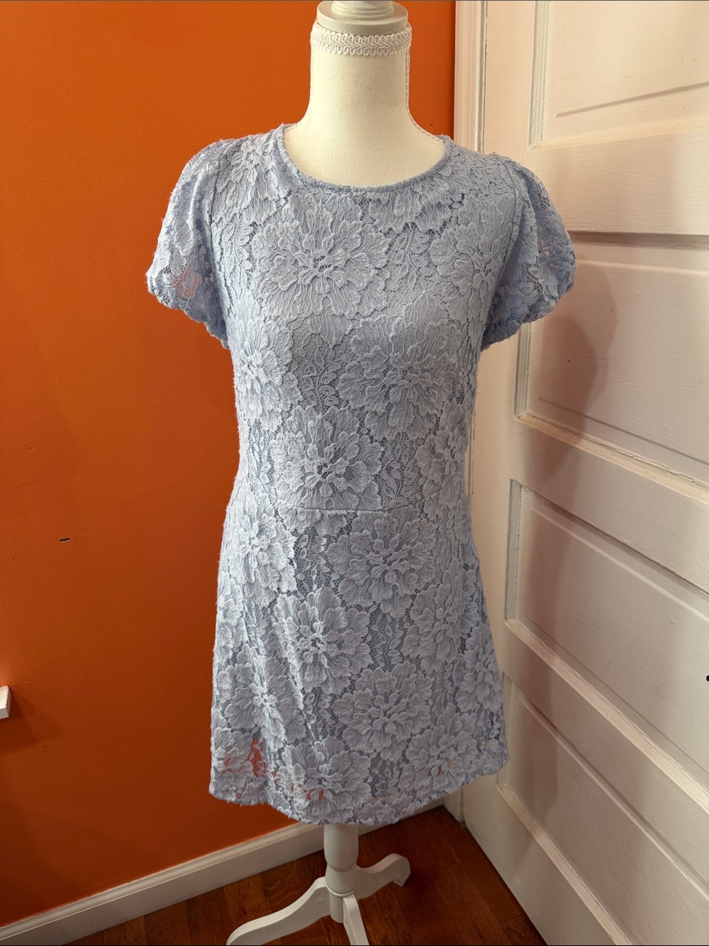 Free People Light Blue Floral Lace Short Sleeve Dress